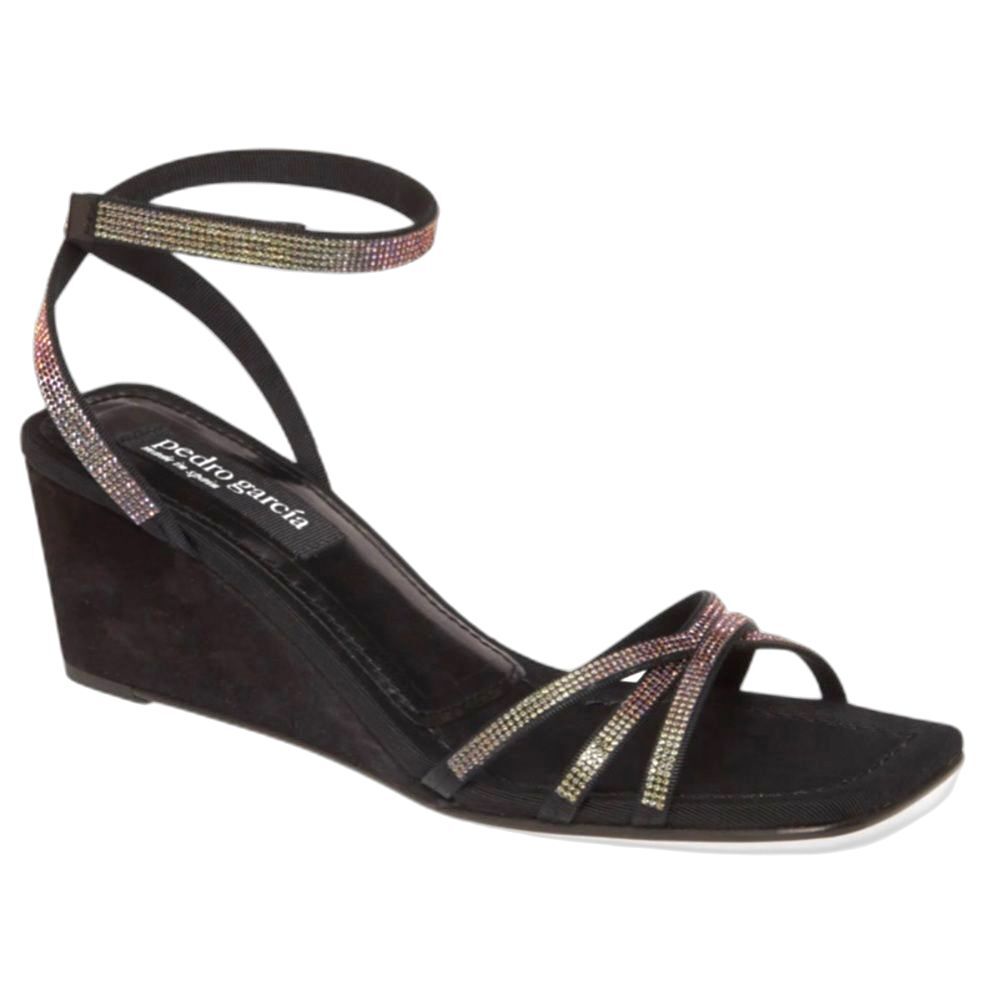 Pedro Garcia Inna Crystal Wedge Sandal in Black Swarovski Crystals Size 6